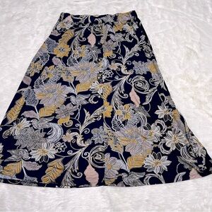 Lavish‎ floral navy stretch midi skirt with gold button details